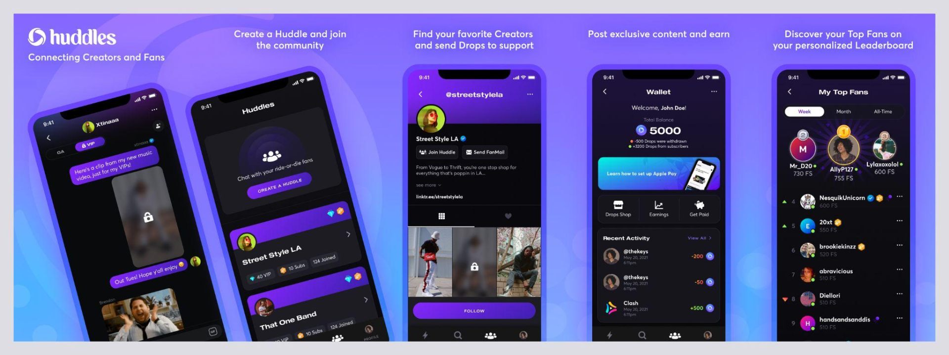 Huddles app marketing screens showing Huddle chat, community discovery, creator profiles, Wallet, and Top Fans leaderboard.