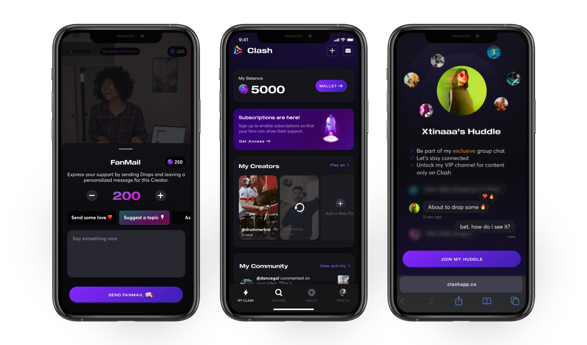 Clash app wireframes showing FanMail, home feed with wallet and subscriptions, and creator Huddle screens.