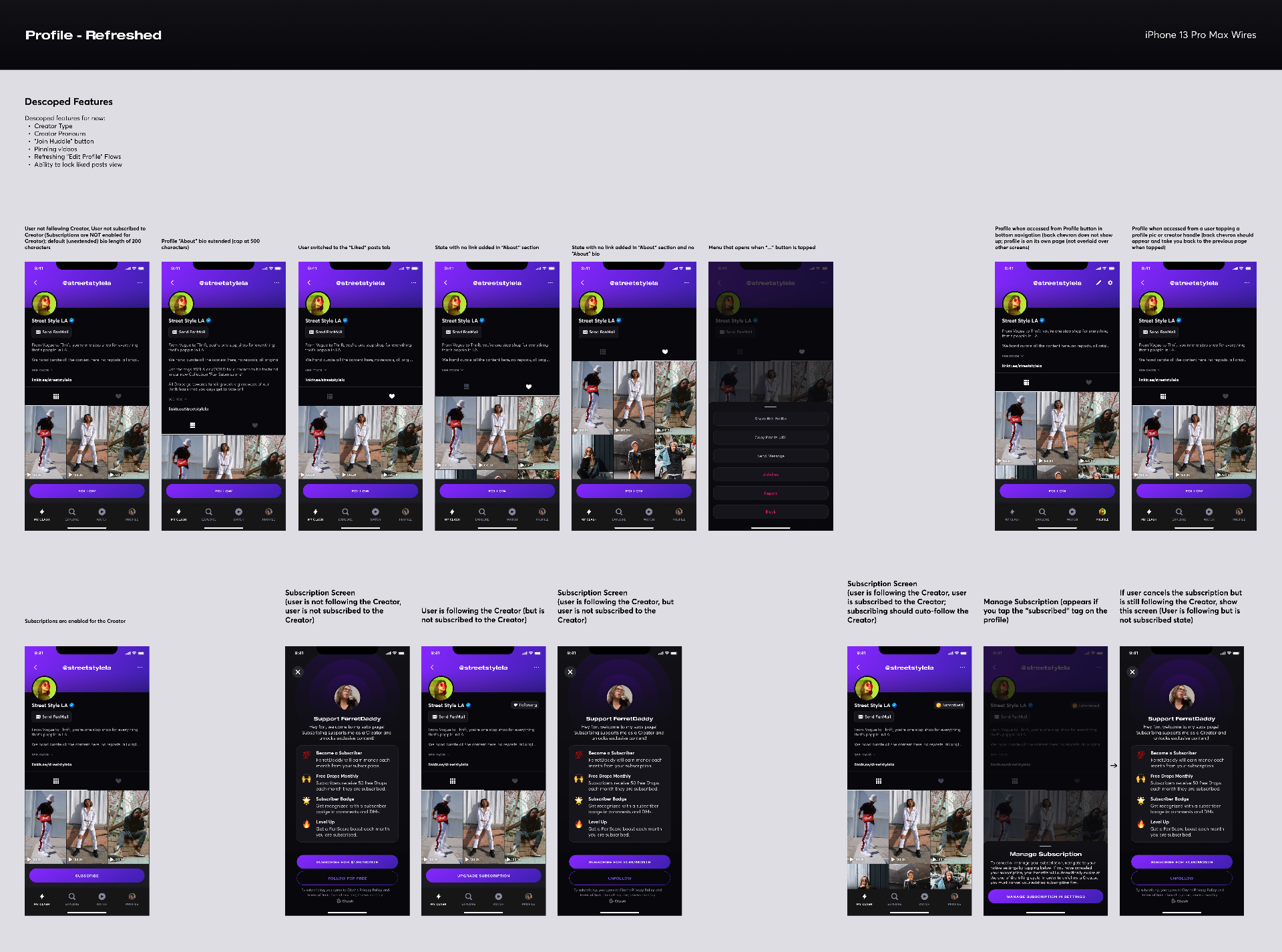 A peek into our feature design process in Figma for creator profiles and subscriptions.