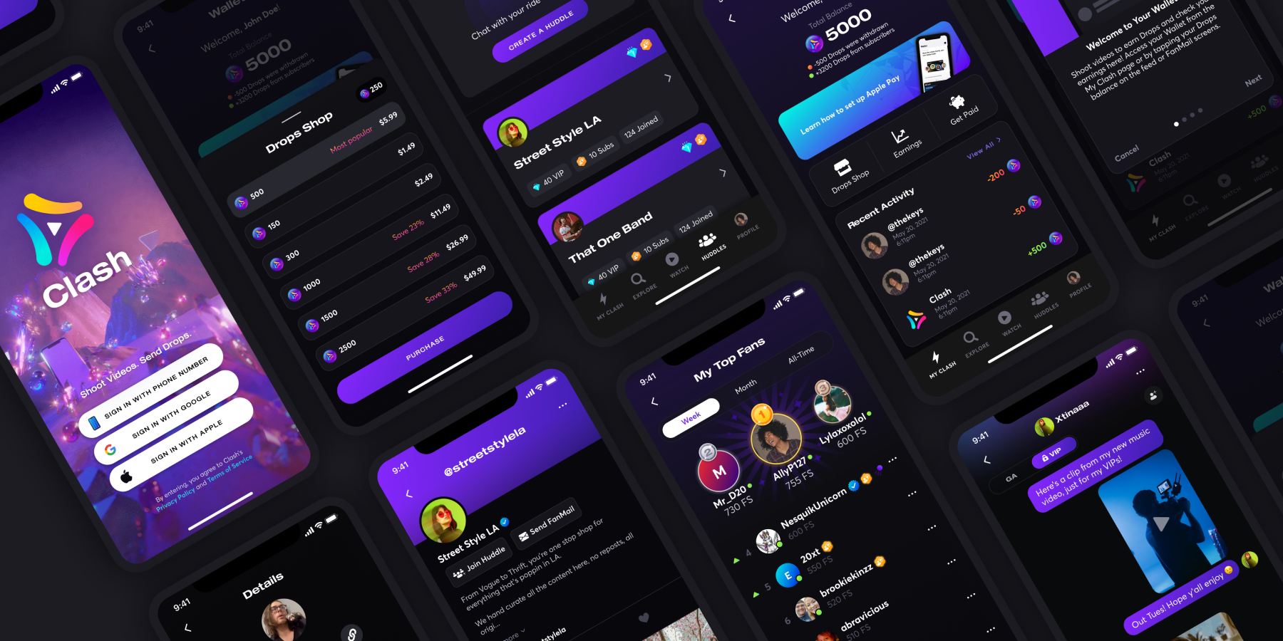 Isometric thumbnail of features designed for Clash (later rebranded as Huddles), including the Drops Shop, Wallet, Profiles, Top Fans leaderboard, and Huddles.